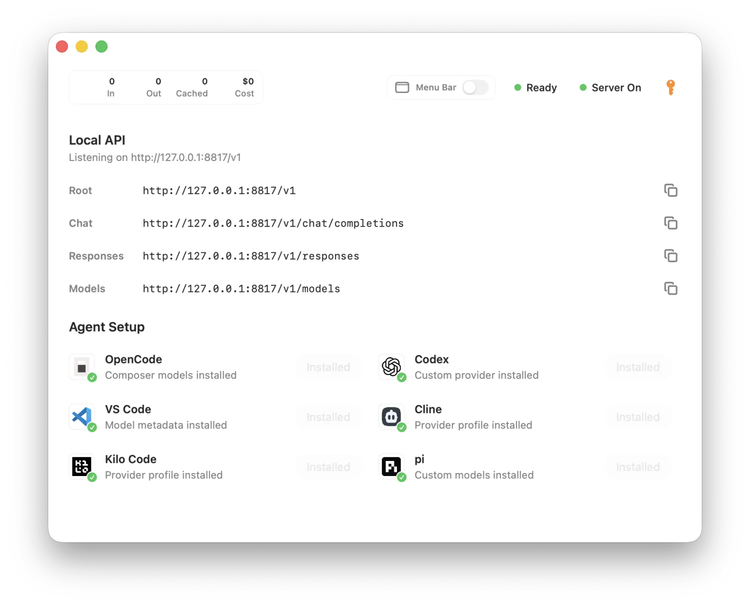 API for Cursor app: a running local API with Root, Chat, Responses, and Models endpoints, plus one-click agent setup for OpenCode, Codex, VS Code, Cline, Kilo Code, and pi.